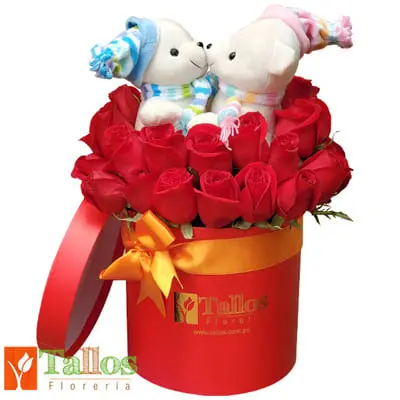 pareja de peluches en box de rosas para regalo romántico delivery de flores en Lima