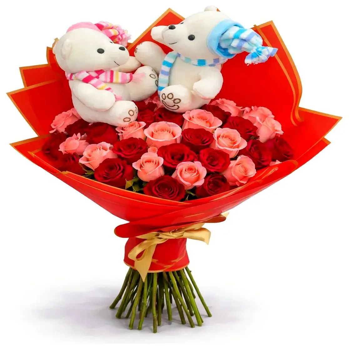 ramo de rosas rojas y rosadas con ositos enamorados para regalo romántico delivery de flores en Lima