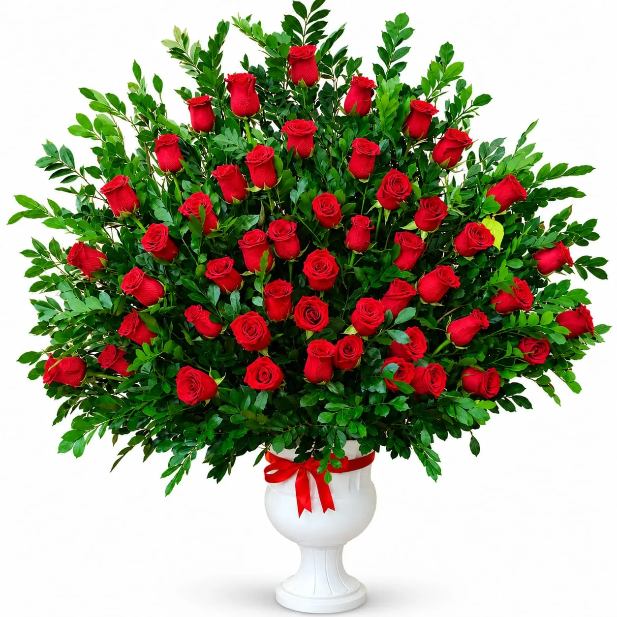 copón grande con 50 rosas rojas para regalo elegante delivery de flores en Lima