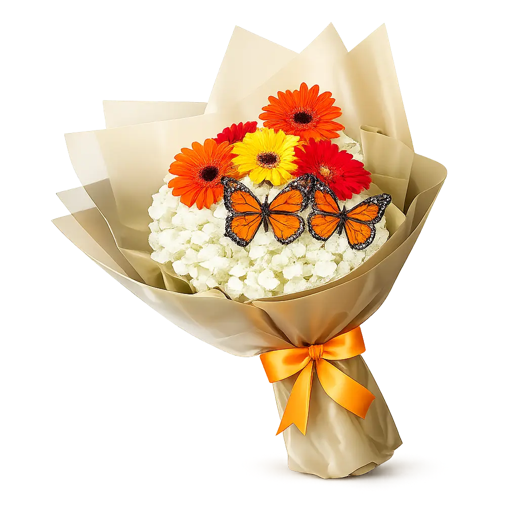ramo buchón con gerberas de colores y mariposas para regalo especial delivery de flores en Lima