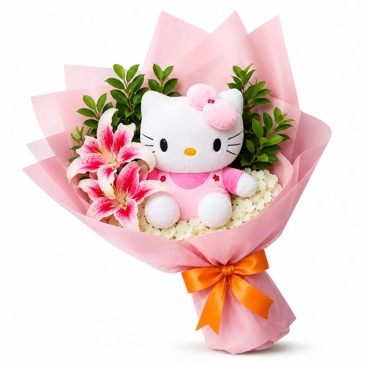 ramo de peluche con lirios rosados para regalo especial delivery de flores en Lima