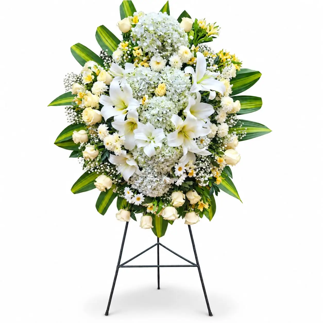 Arreglo floral de condolencias con rosas blancas y lirios blancos para velorios elegante y sobrio con delivery en Lima