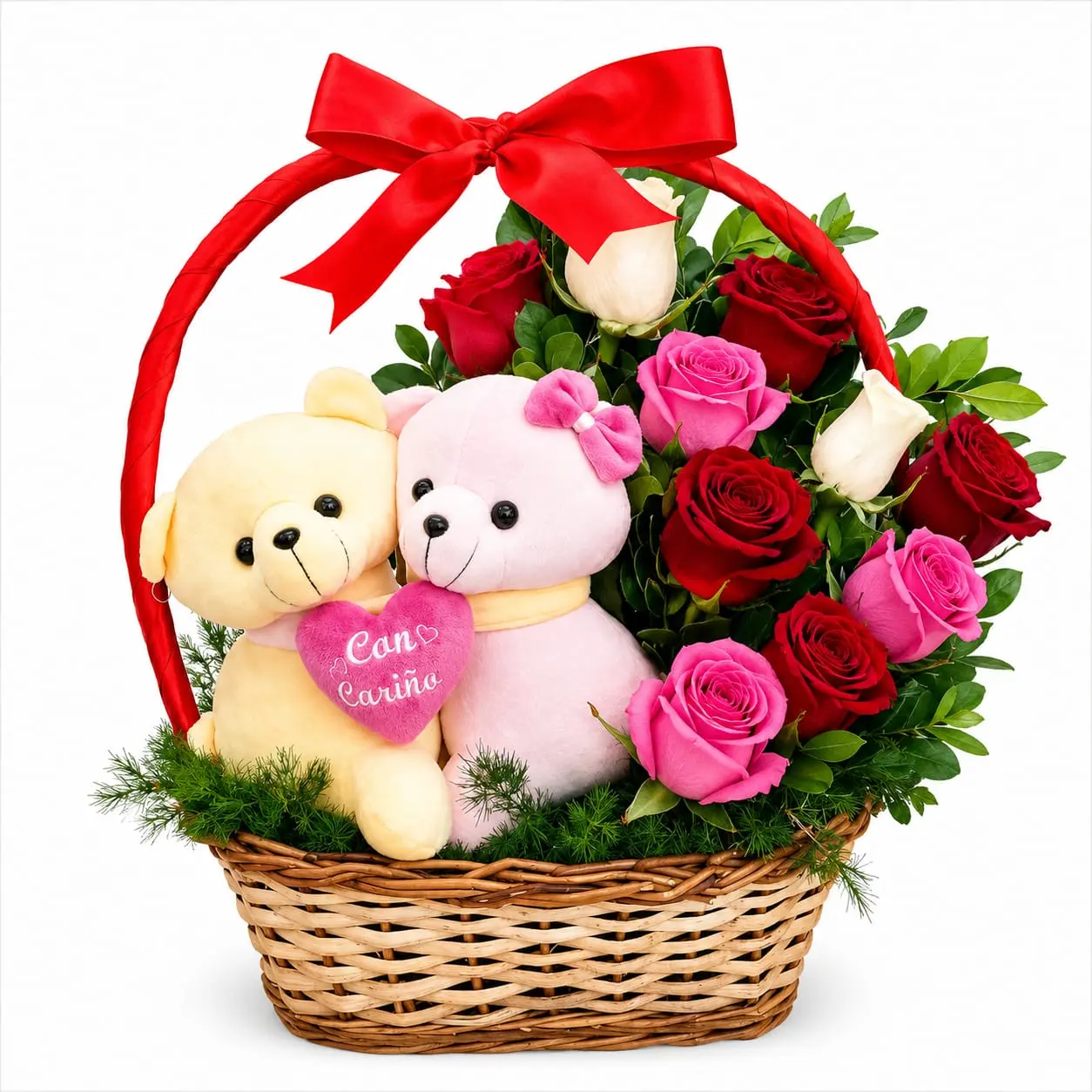 canasta de rosas con pareja de peluches para regalo romántico delivery de flores en Lima