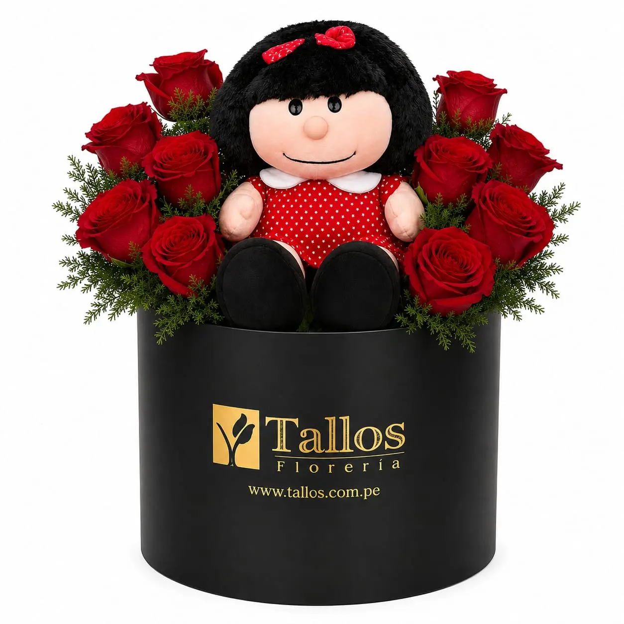 box de rosas rojas con peluche Mafalda para regalo especial delivery de flores en Lima