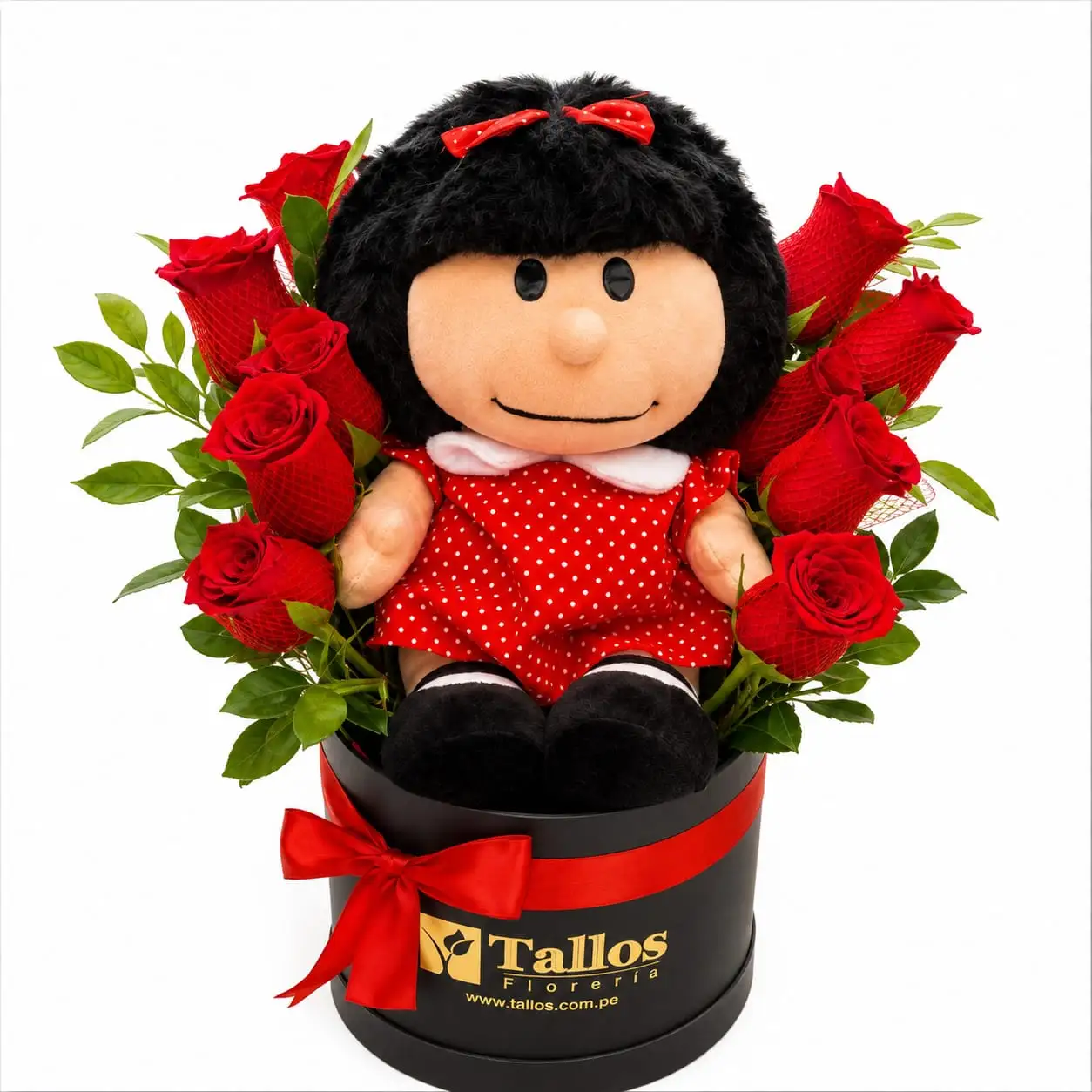 box floral de rosas rojas con Mafalda para regalo especial delivery de flores en Lima