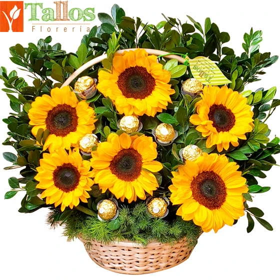 canasta de girasoles con chocolates para regalo especial delivery de flores en Lima