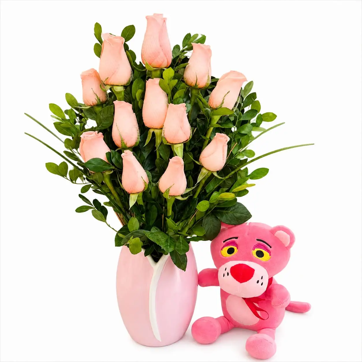 florero de rosas rosadas con peluche Pantera Rosa para regalo especial delivery de flores en Lima