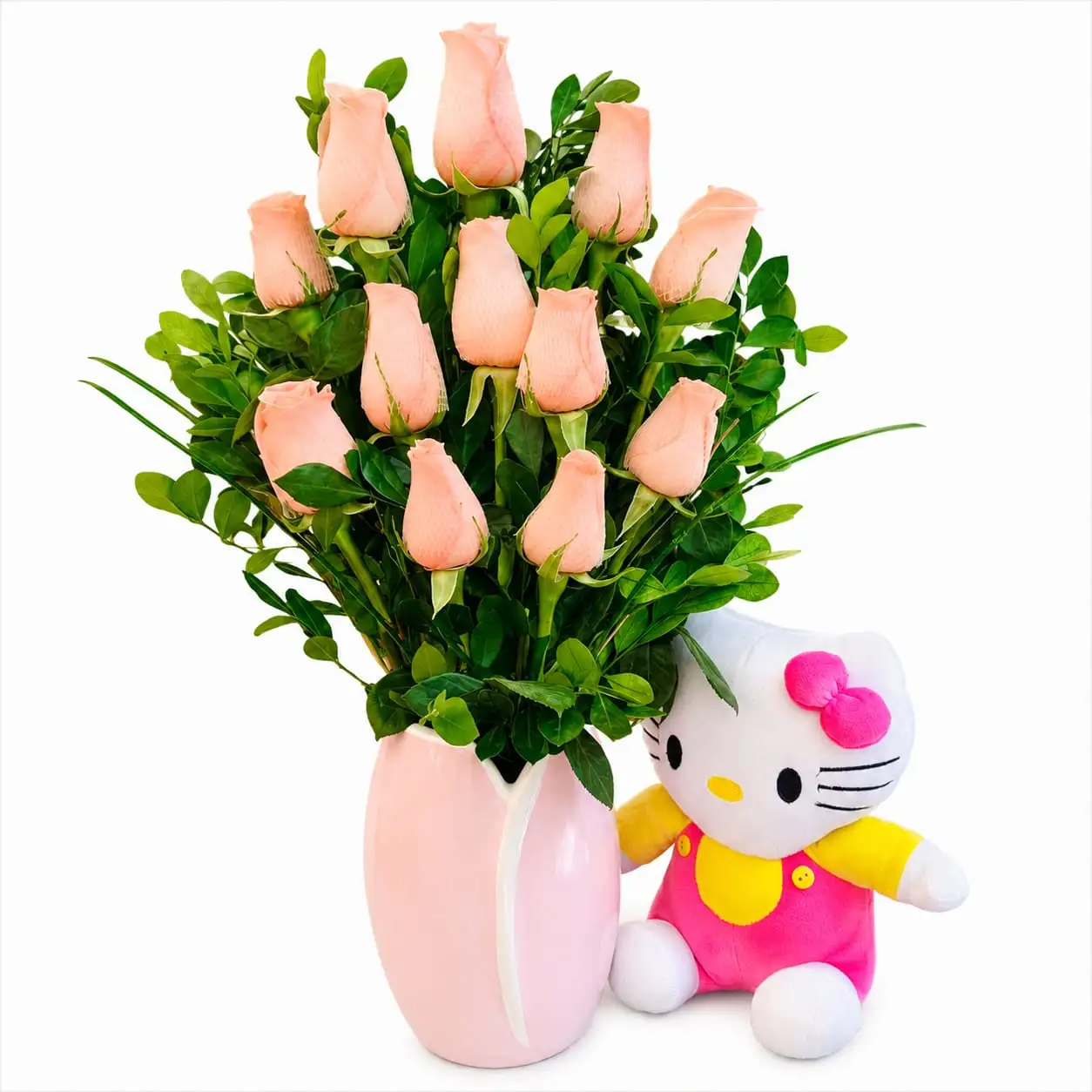arreglo de rosas rosadas con peluche Hello Kitty para regalo especial delivery de flores en Lima