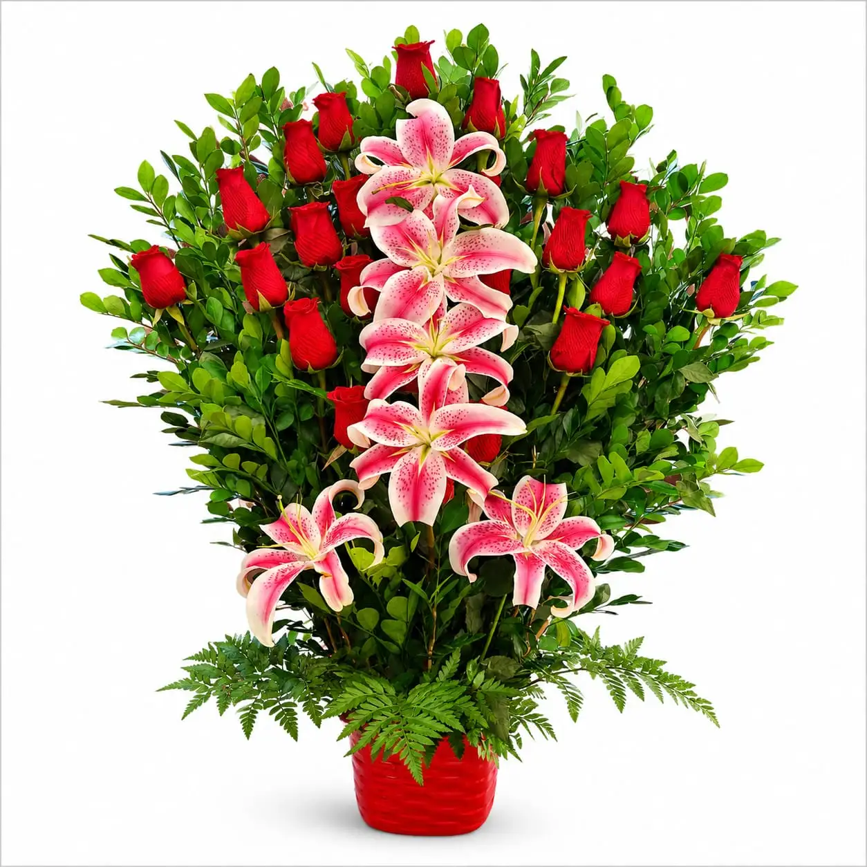 arreglo elegante de rosas rojas y lirios rosados para regalo especial delivery de flores en Lima