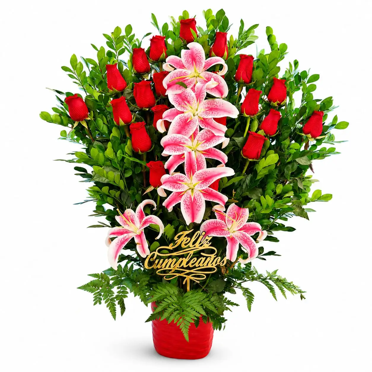 arreglo floral de cumpleaños con rosas y lirios para regalo especial delivery de flores en Lima