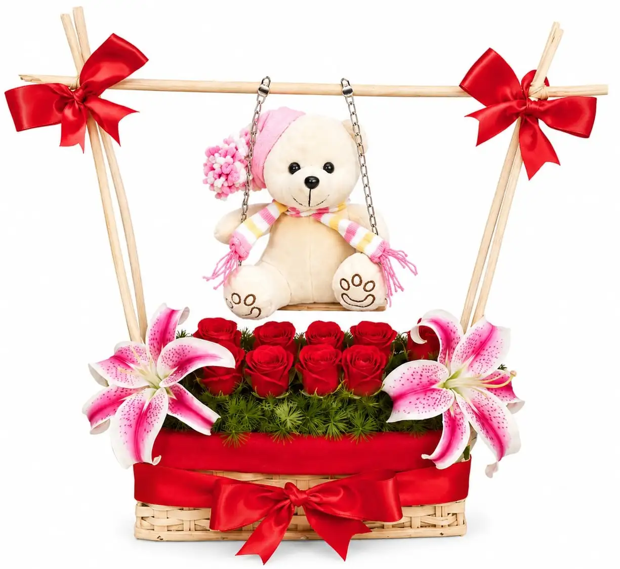canasta de rosas rojas con peluche para regalo romántico delivery de flores en Lima