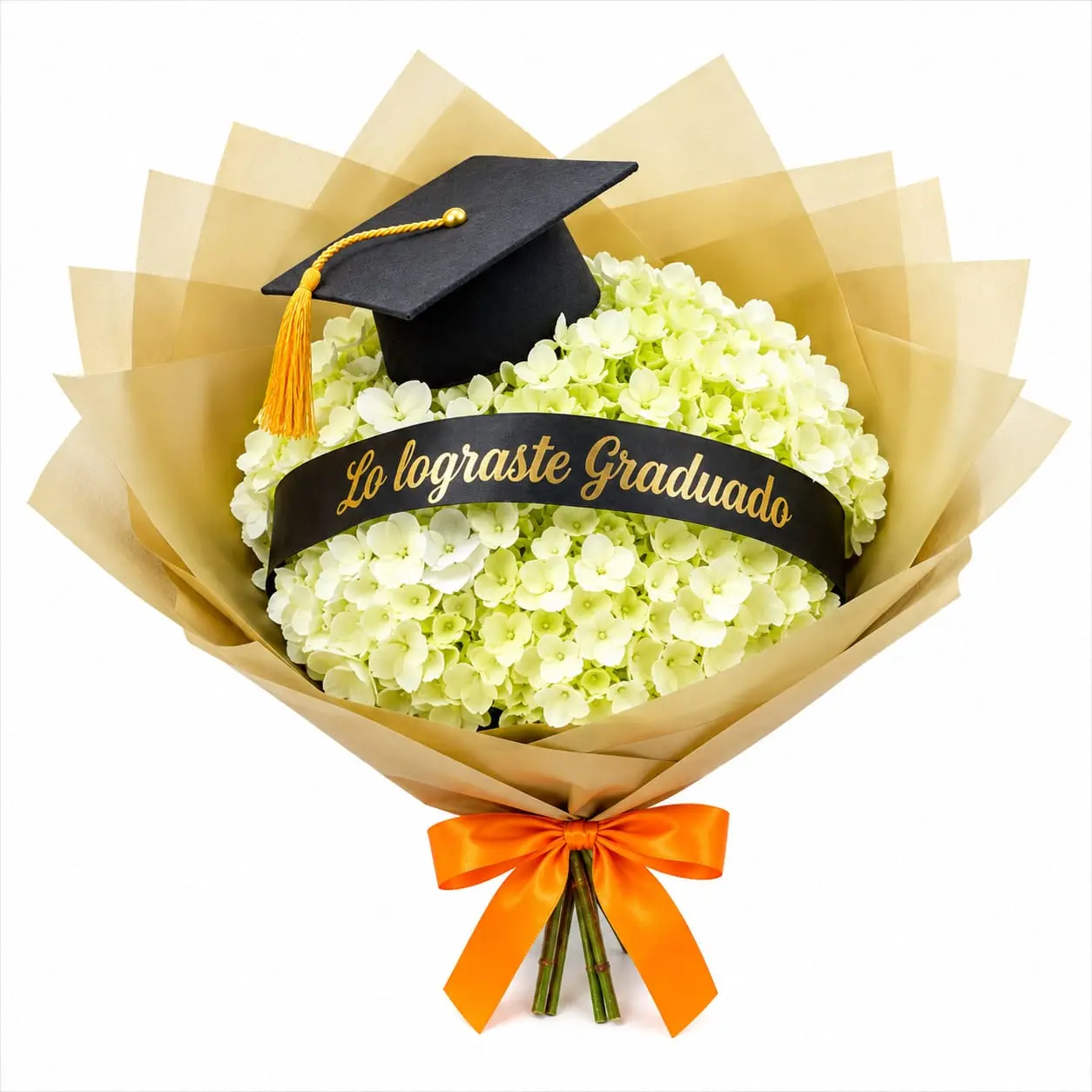 ramo de graduación con hortensias para felicitar al graduado con delivery de flores en Lima