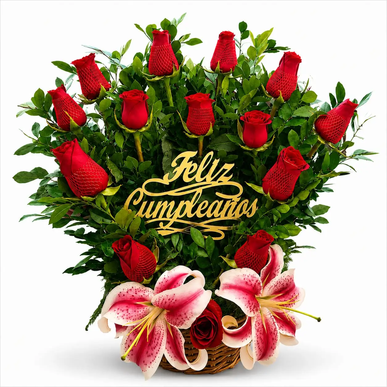canasta de rosas y lirios para cumpleaños arreglo floral elegante con delivery de flores en Lima