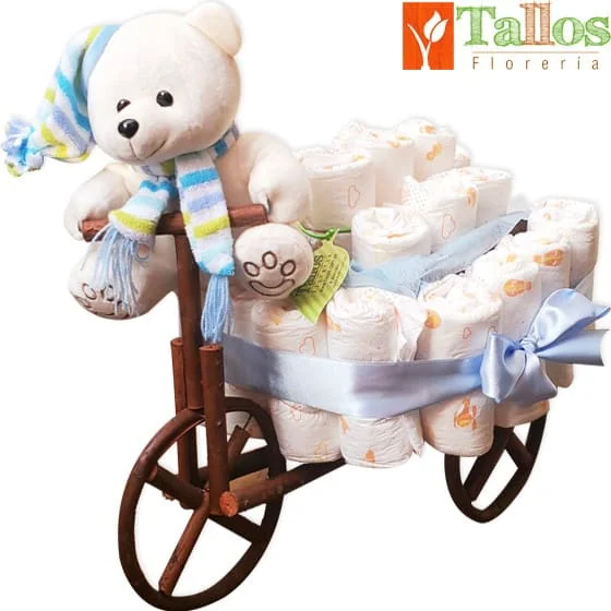 carreta de pañales para niño con peluche para baby shower con entrega en Lima