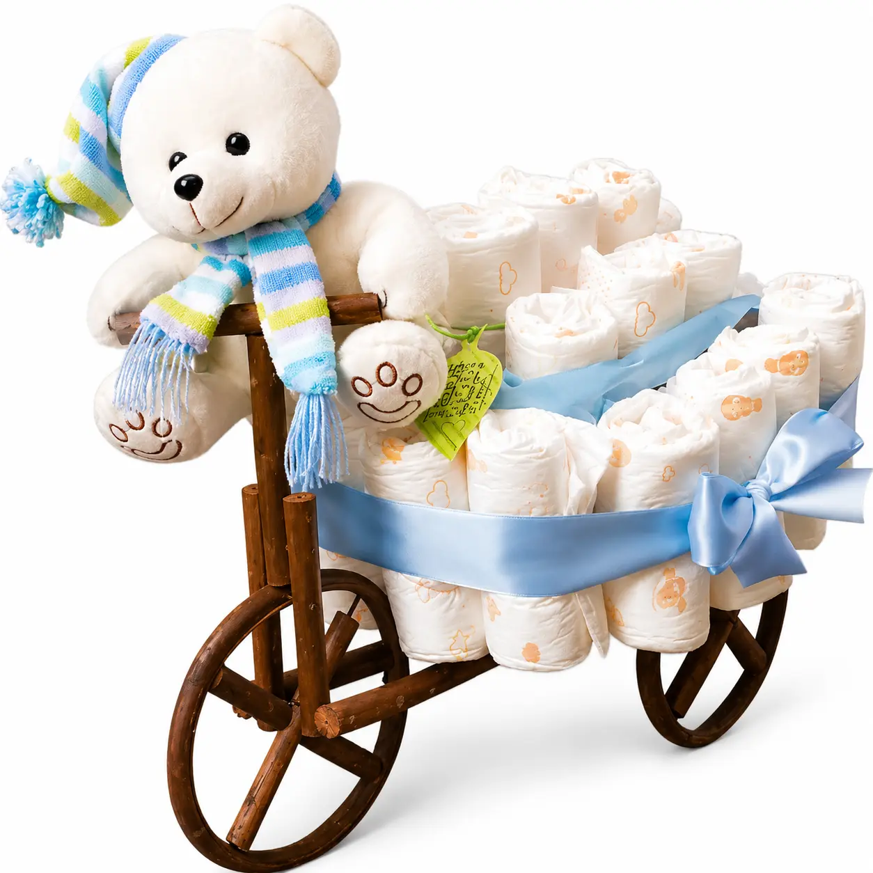 carreta de pañales para niño con peluche para baby shower con entrega en Lima