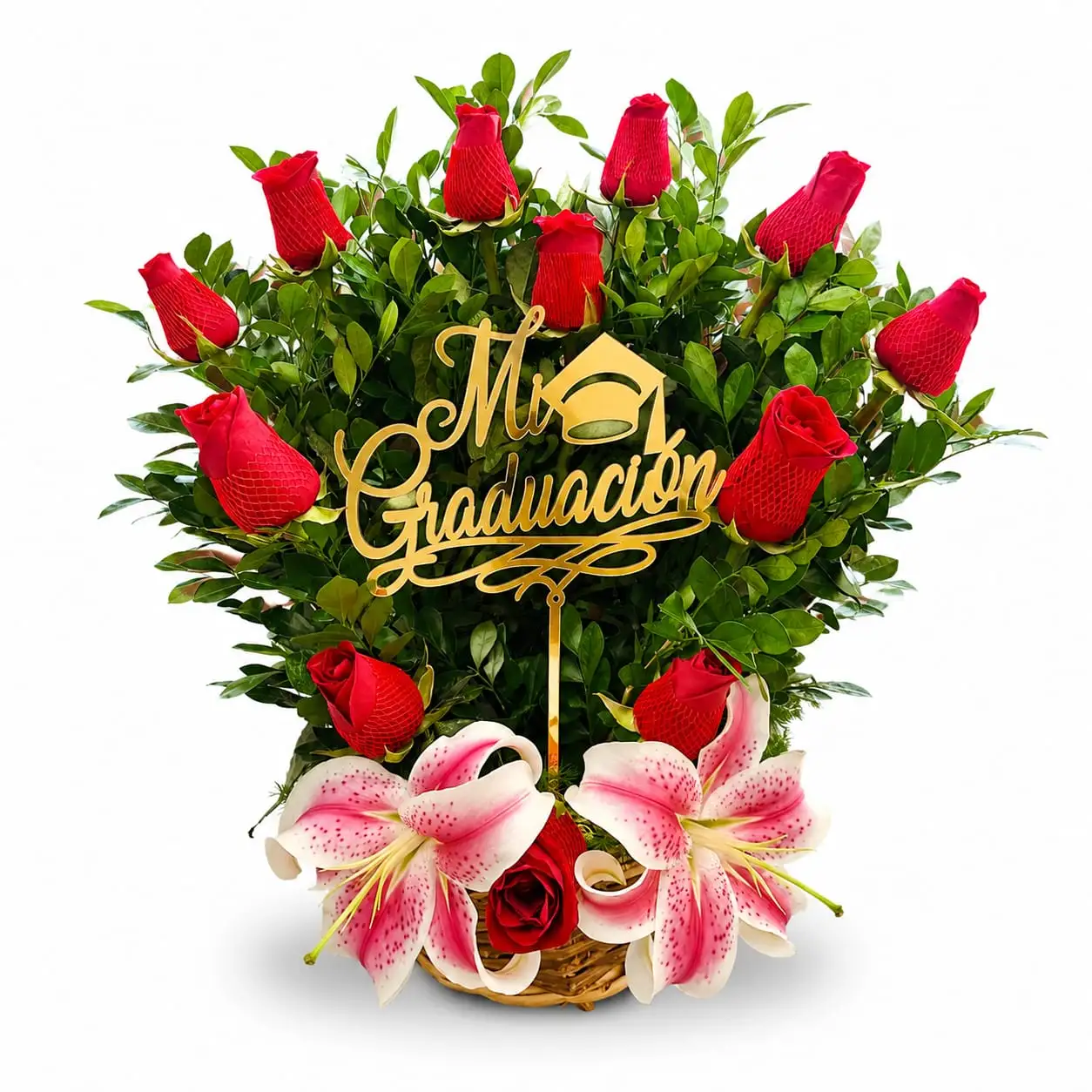 canasta de rosas y lirios para graduación arreglo floral para felicitar al graduado con delivery de flores en Lima