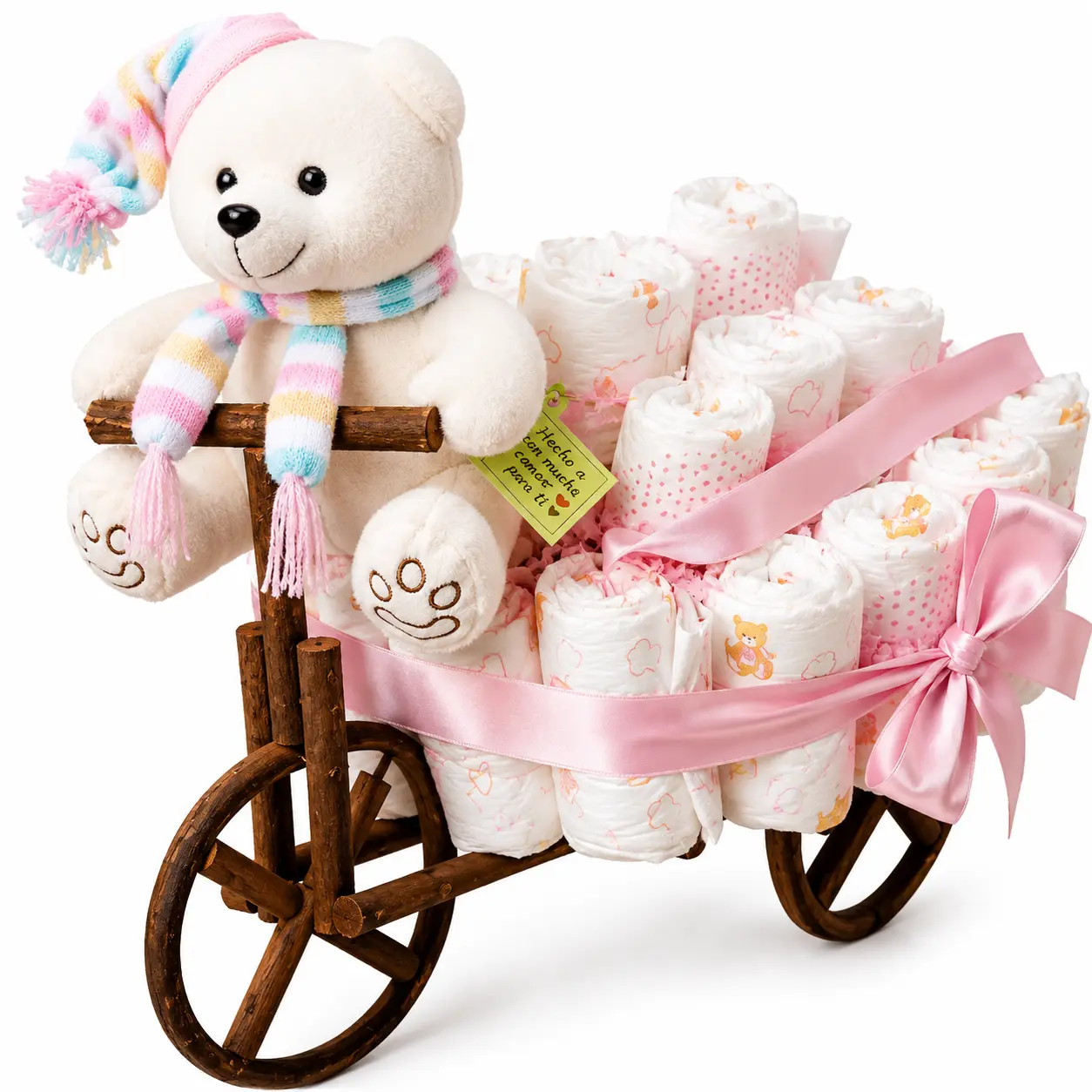 carreta de pañales para niña con peluche para baby shower con entrega en Lima