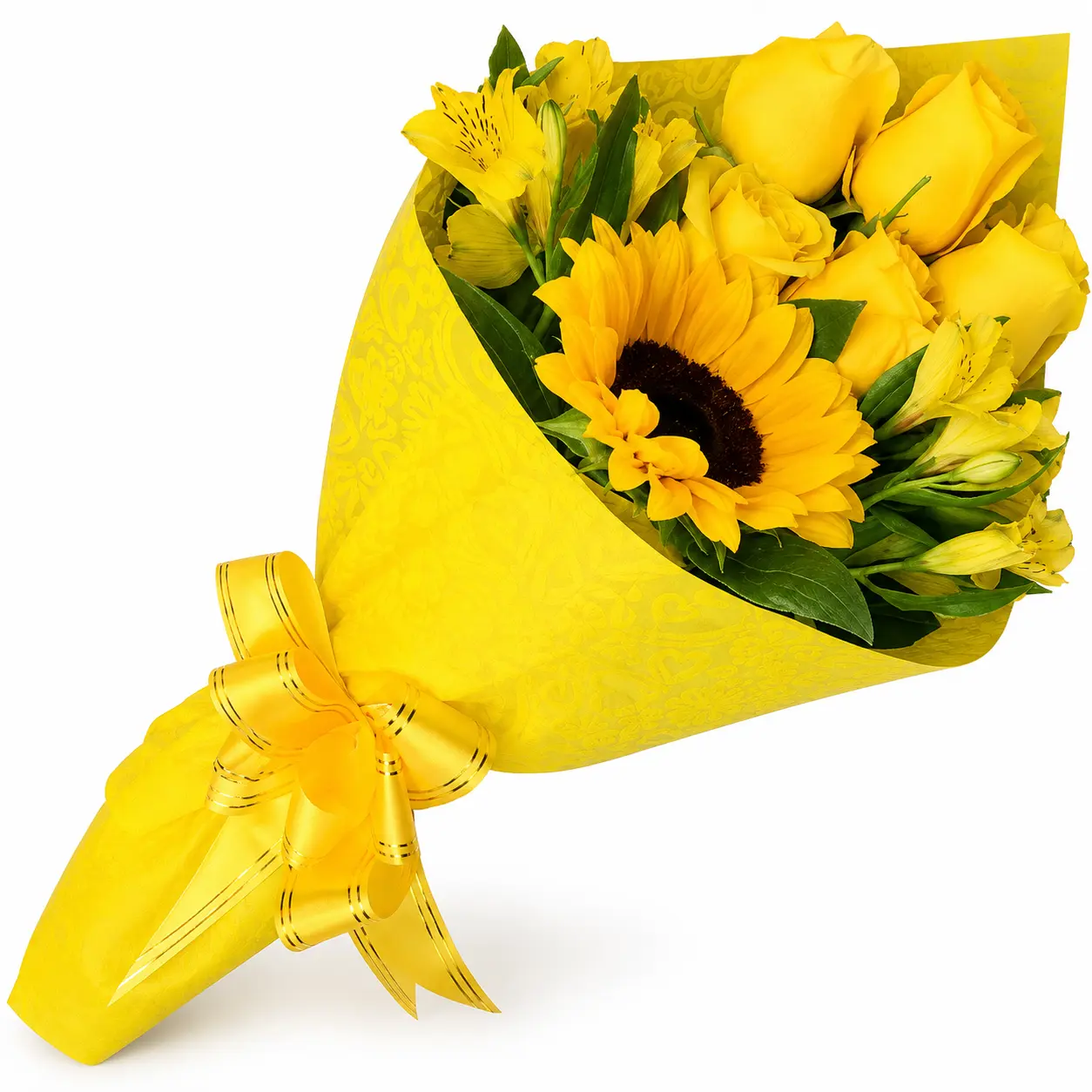 ramo de girasoles y rosas amarillas para regalar arreglo floral alegre con delivery de flores en Lima