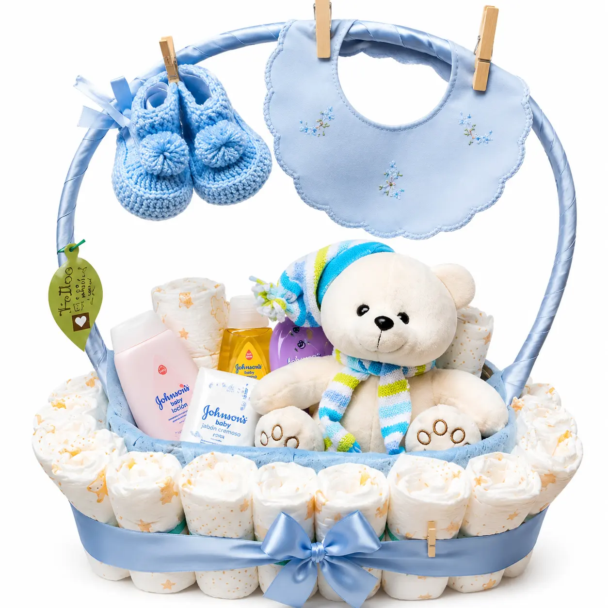 canasta de pañales para niño con peluche para baby shower con entrega en Lima
