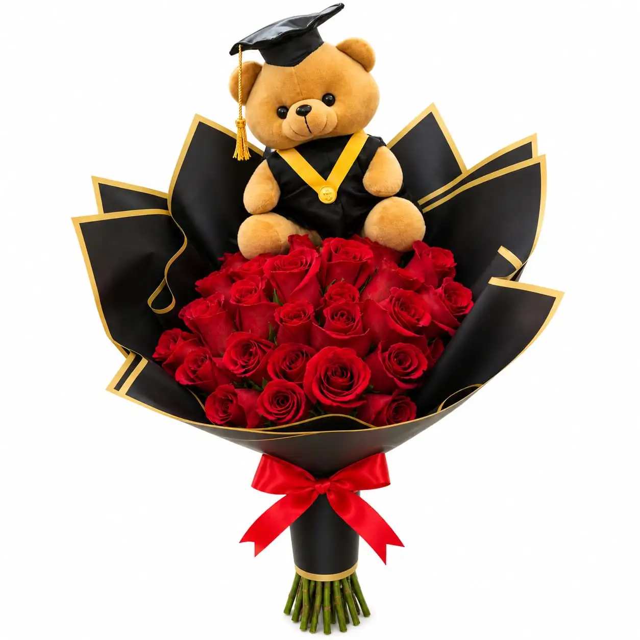 ramo buchón para graduación con rosas rojas para felicitar al graduado con delivery de flores en Lima