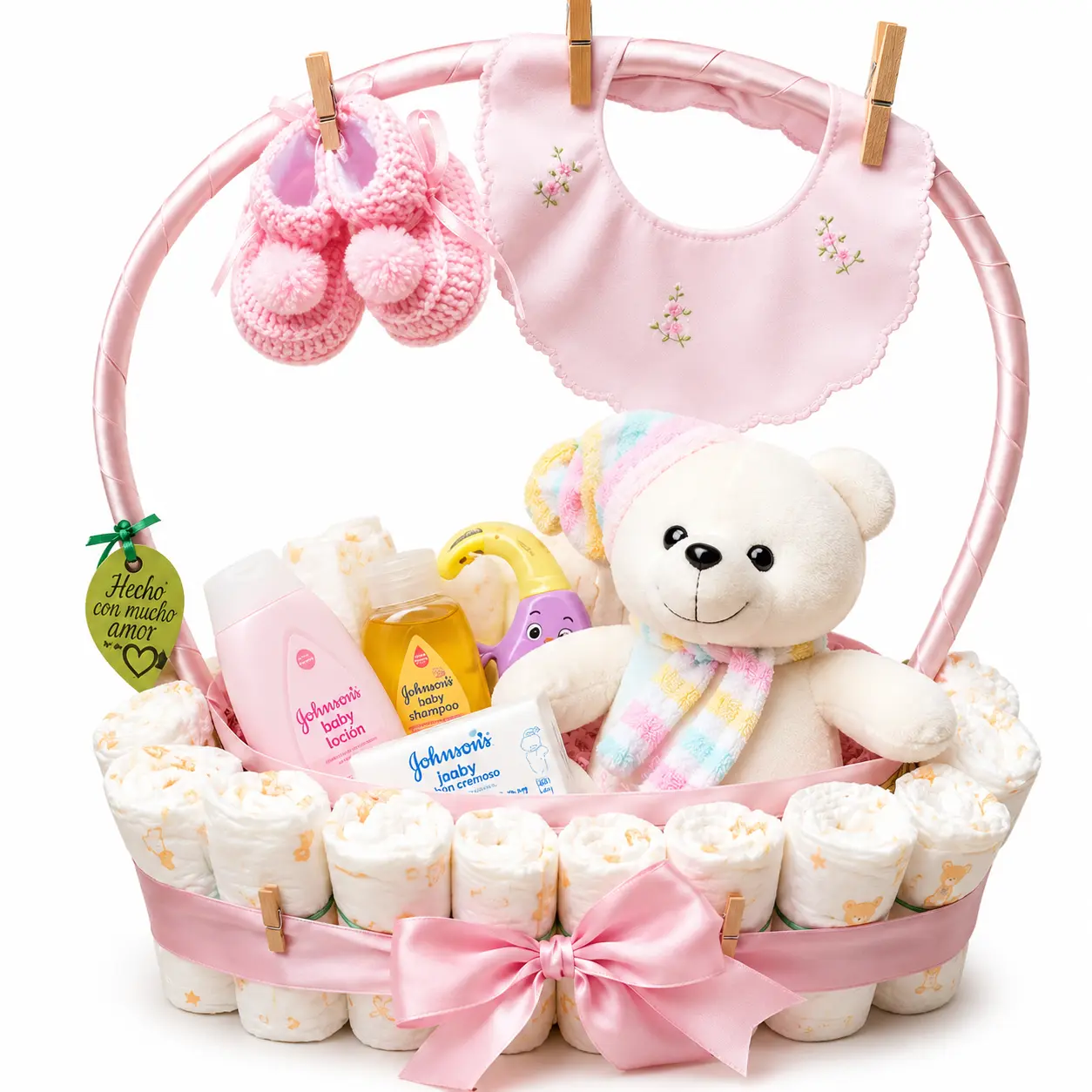 canasta de pañales para niña con peluche para baby shower con entrega en Lima