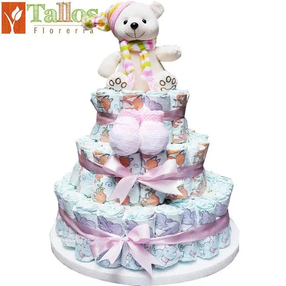 Torta de pañales para niña ideal para baby shower o regalo para clínicas y hospitales elegante y útil con delivery en Lima