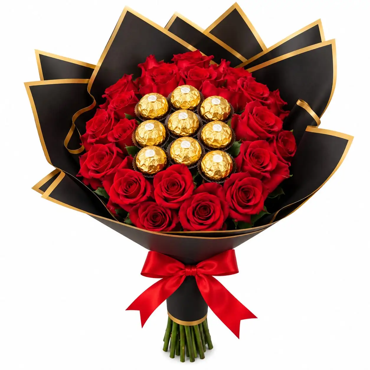 ramo buchón de rosas rojas y chocolates para regalar detalle romántico con delivery de flores en Lima