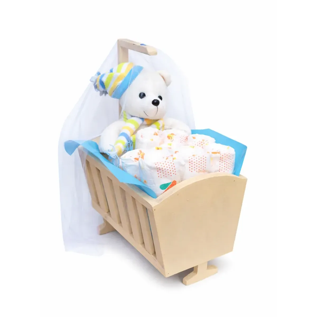 Regalo de nacimiento para niño con pañales y peluche en cuna decorativa entrega a domicilio en Lima