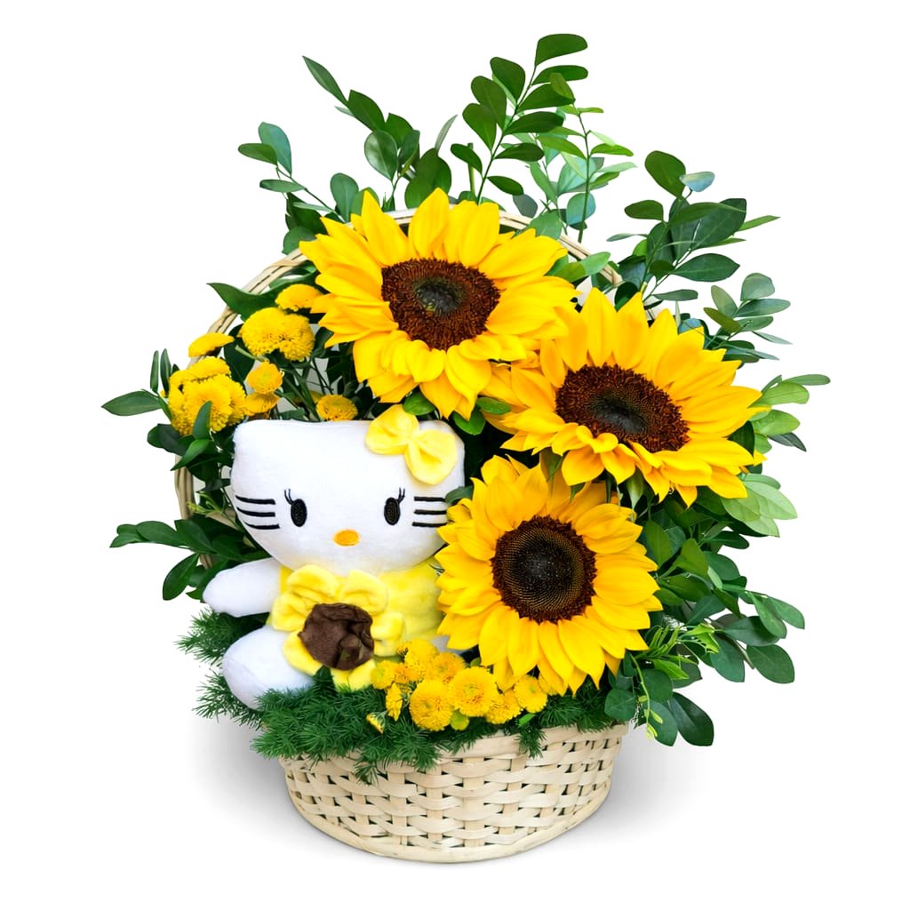 arreglo floral con peluche Hello Kitty y girasoles flores amarillas para regalo delivery de flores en Lima