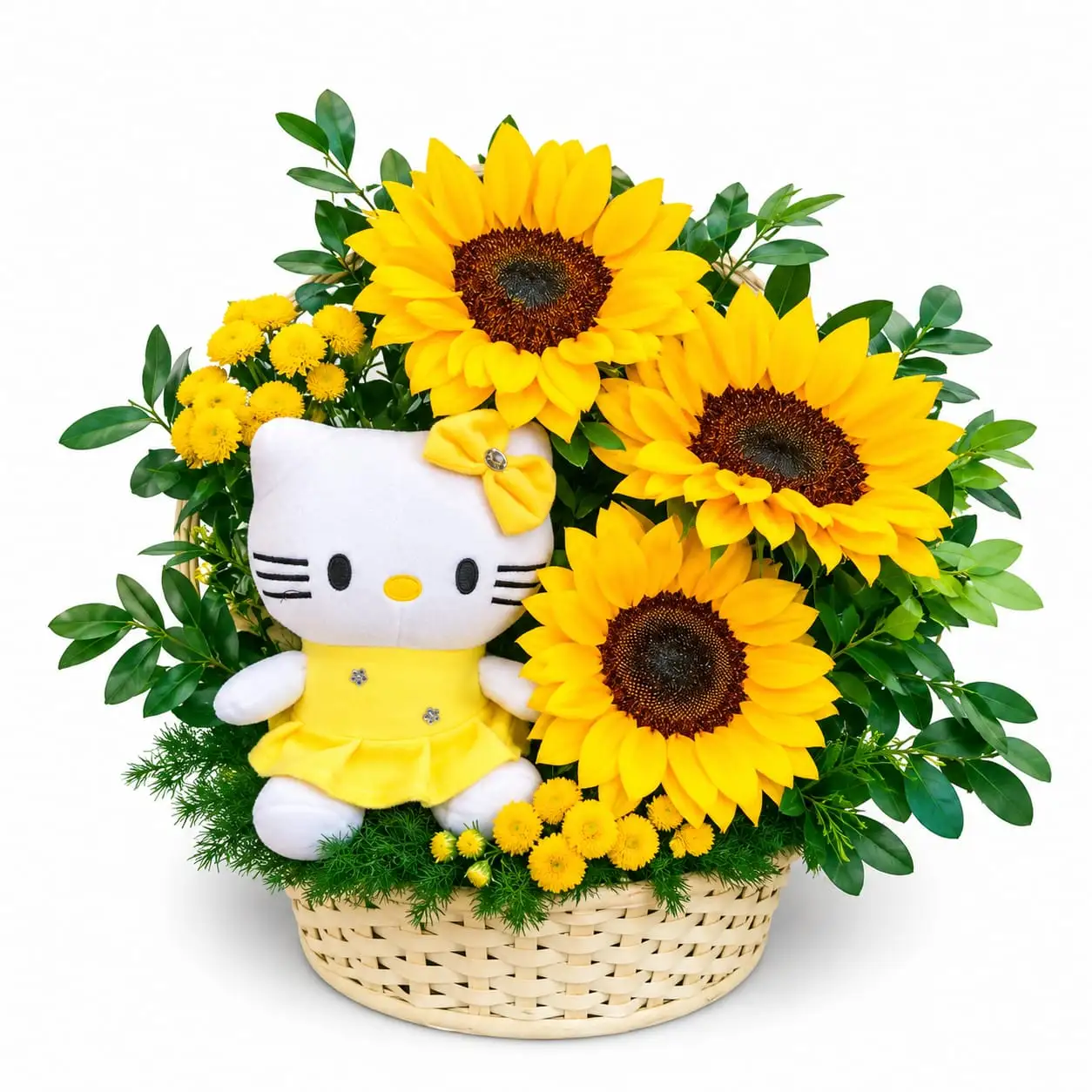 arreglo floral con peluche Hello Kitty y girasoles flores amarillas para regalo delivery de flores en Lima