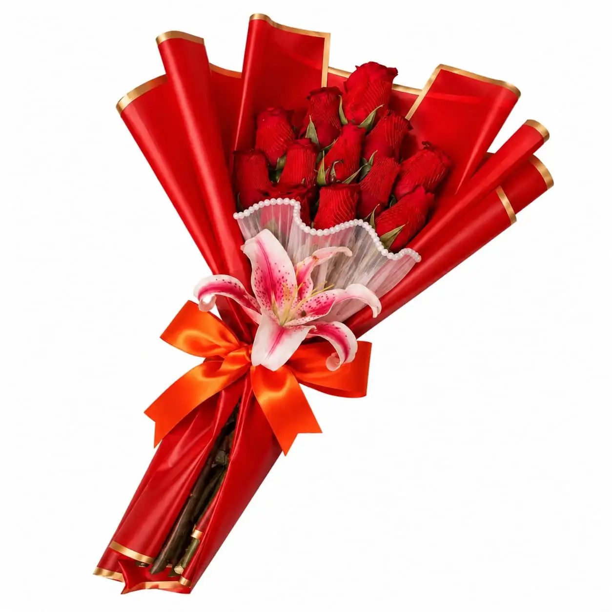 ramo de rosas rojas y lirio rosado para regalar arreglo floral elegante con delivery de flores en Lima